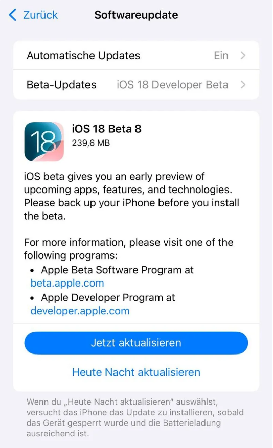 文城镇苹果手机维修分享苹果 iOS / iPadOS 18 开发者预览版 Beta 8 发布 